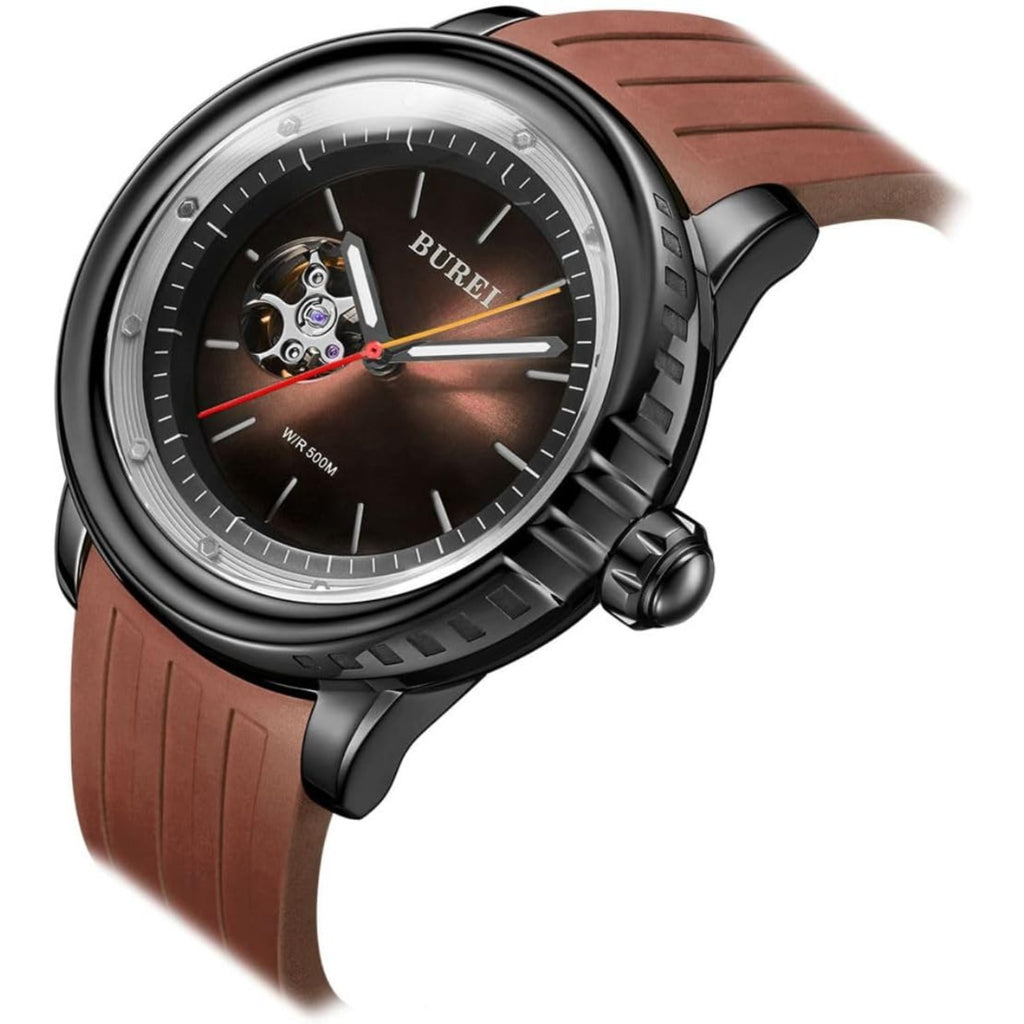 BUREI Automatic Dive Watch Sapphire Glass Wrist Watch Men's 500m Waterproof Watch with Rubber Strap,Luminous Hands and Markers
