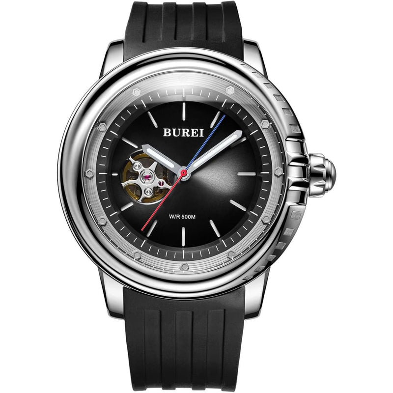 BUREI Automatic Dive Watch Sapphire Glass Wrist Watch Men's 500m Waterproof Watch with Rubber Strap,Luminous Hands and Markers