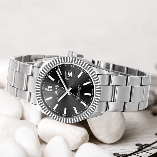 BUREI Men's Watch 41mm, Classic Stainless Steel, Waterproof Machine Watch with Date, Sapphire Crystal, Business Dress Wristwatch