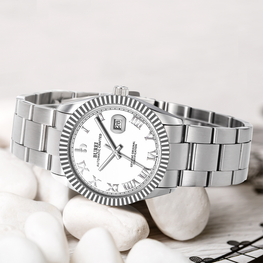 BUREI Men's Watch 41mm, Classic Stainless Steel, Waterproof Machine Watch with Date, Sapphire Crystal, Business Dress Wristwatch