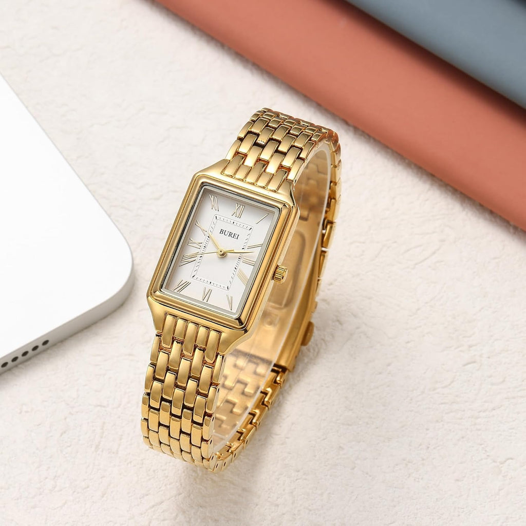 BUREI Women's Fashion Luxury Stainless Steel Watch Simple Quartz Waterproof Ladies Watch Three Hands Relogio Feminino (Gold and Rose Gold)