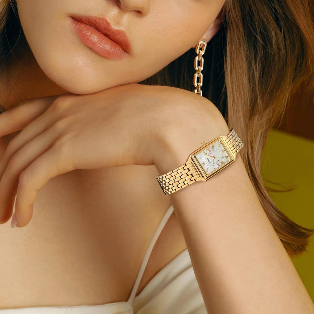 BUREI Women's Fashion Luxury Stainless Steel Watch Simple Quartz Waterproof Ladies Watch Three Hands Relogio Feminino (Gold and Rose Gold)
