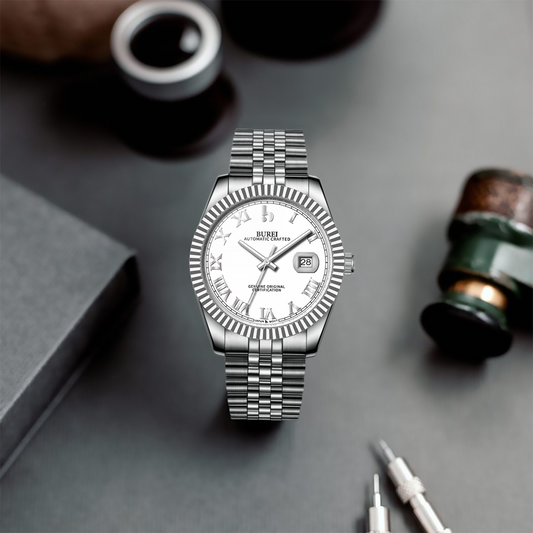 BUREI Men's Watch 41mm, Classic Stainless Steel, Waterproof Machine Watch with Date, Sapphire Crystal, Business Dress Wristwatch