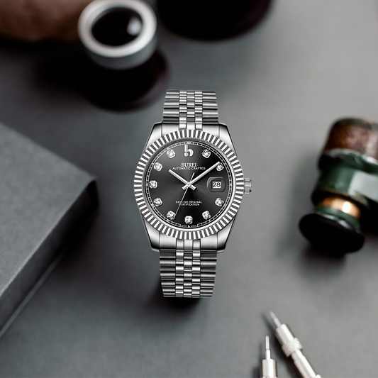BUREI Men's Watch 41mm, Classic Stainless Steel, Waterproof Machine Watch with Date, Sapphire Crystal, Business Dress Wristwatch
