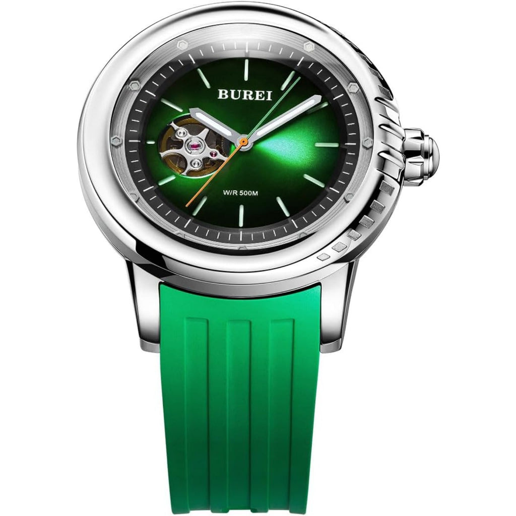 BUREI Automatic Dive Watch Sapphire Glass Wrist Watch Men's 500m Waterproof Watch with Rubber Strap,Luminous Hands and Markers