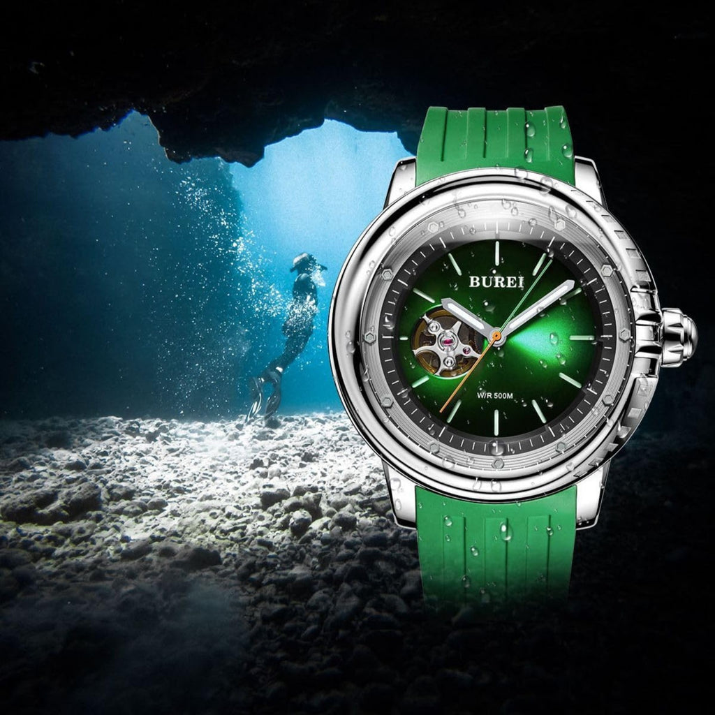 BUREI Automatic Dive Watch Sapphire Glass Wrist Watch Men's 500m Waterproof Watch with Rubber Strap,Luminous Hands and Markers