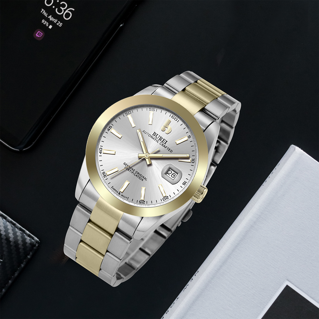 BUREI Men's Luxury Automatic Watch Fashion Waterproof Mechanical Watch, Adjustable Stainless Steel Two Tone Strap,Gift for Men