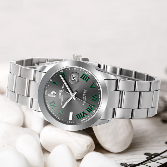 BUREI Men's Watch 41mm, Classic Stainless Steel, Waterproof Machine Watch with Date, Sapphire Crystal, Business Dress Wristwatch