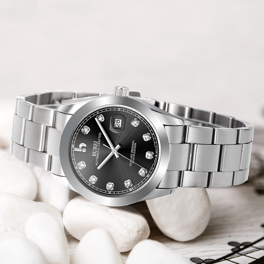 BUREI Men's Watch 41mm, Classic Stainless Steel, Waterproof Machine Watch with Date, Sapphire Crystal, Business Dress Wristwatch