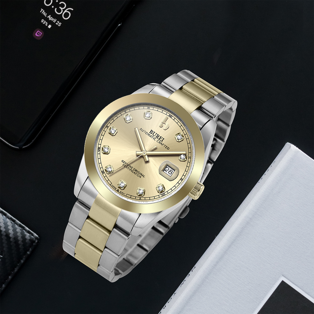 BUREI Men's Luxury Automatic Watch Fashion Waterproof Mechanical Watch, Adjustable Stainless Steel Two Tone Strap,Gift for Men