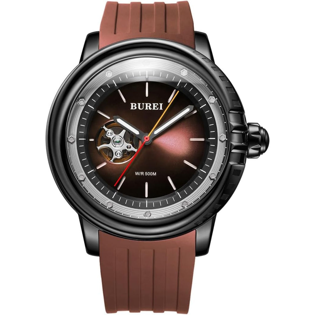 BUREI Automatic Dive Watch Sapphire Glass Wrist Watch Men's 500m Waterproof Watch with Rubber Strap,Luminous Hands and Markers