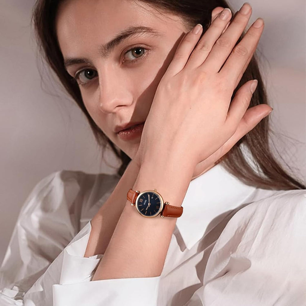 BUREI Women's Black Leather Strap Watch Fashion Simple Analog Quartz Waterproof Watches for Women Three Hands,Gift for her