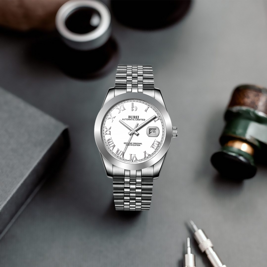 BUREI Men's Watch 41mm, Classic Stainless Steel, Waterproof Machine Watch with Date, Sapphire Crystal, Business Dress Wristwatch
