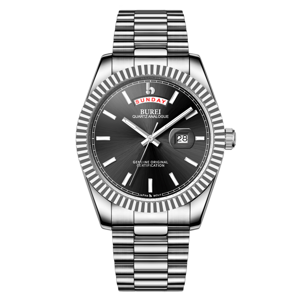 BUREI Mens Luxury Analog Quartz Watches Black Dial Date Display Sapphire Crystal Lens with Two Tones Stainless Steel Band