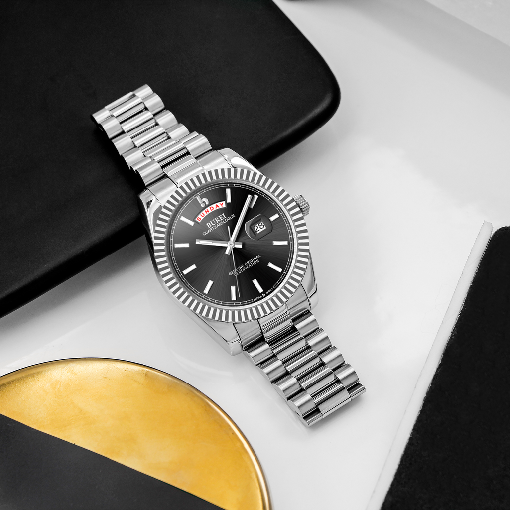 BUREI Mens Luxury Analog Quartz Watches Black Dial Date Display Sapphire Crystal Lens with Two Tones Stainless Steel Band
