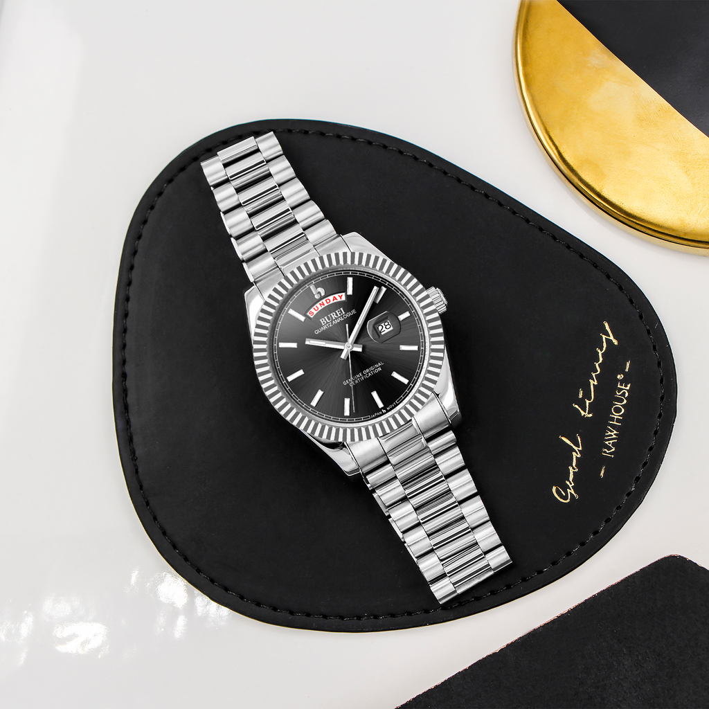 BUREI Mens Luxury Analog Quartz Watches Black Dial Date Display Sapphire Crystal Lens with Two Tones Stainless Steel Band