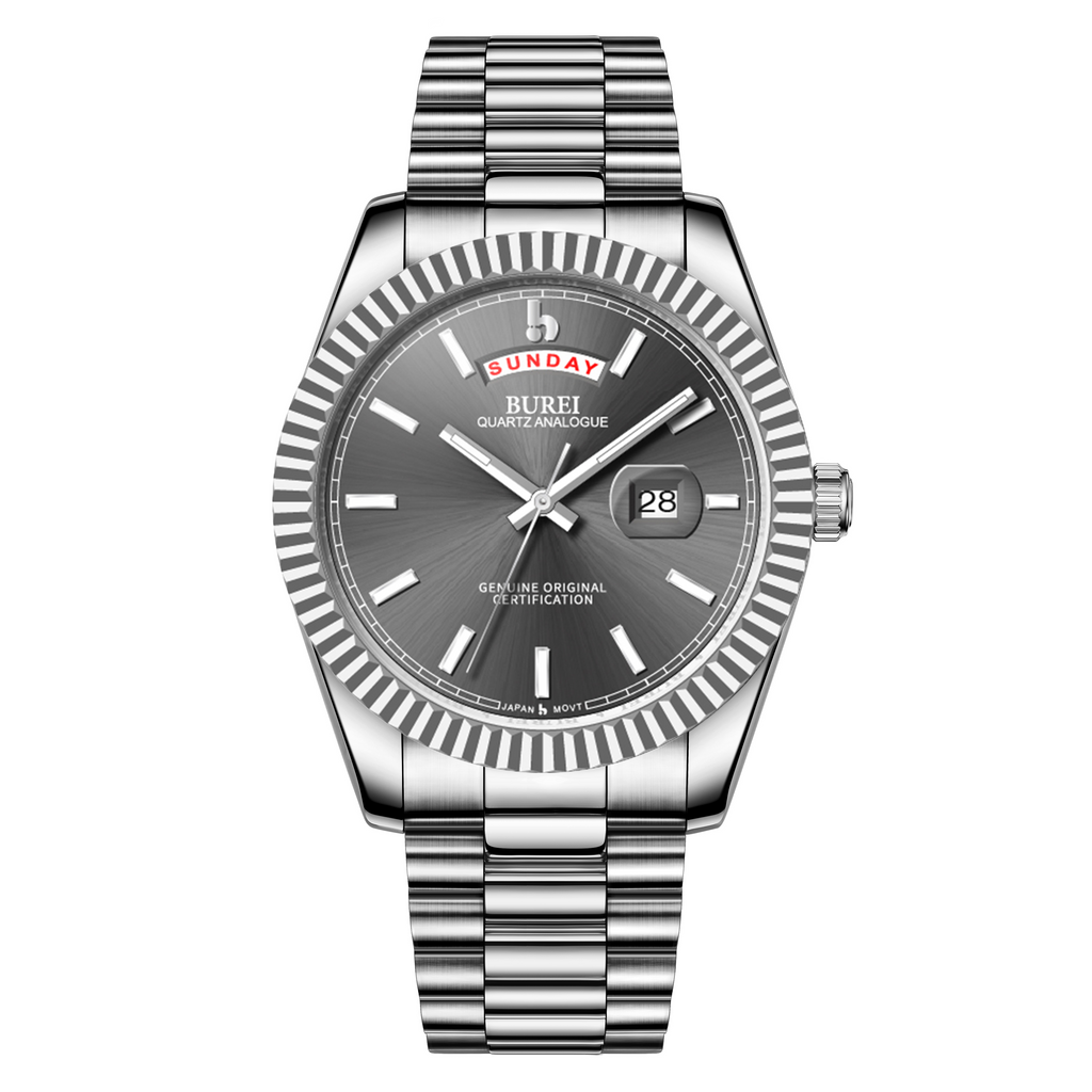 BUREI Mens Luxury Analog Quartz Watches Black Dial Date Display Sapphire Crystal Lens with Two Tones Stainless Steel Band
