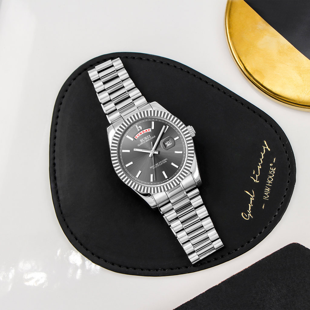 BUREI Mens Luxury Analog Quartz Watches Black Dial Date Display Sapphire Crystal Lens with Two Tones Stainless Steel Band
