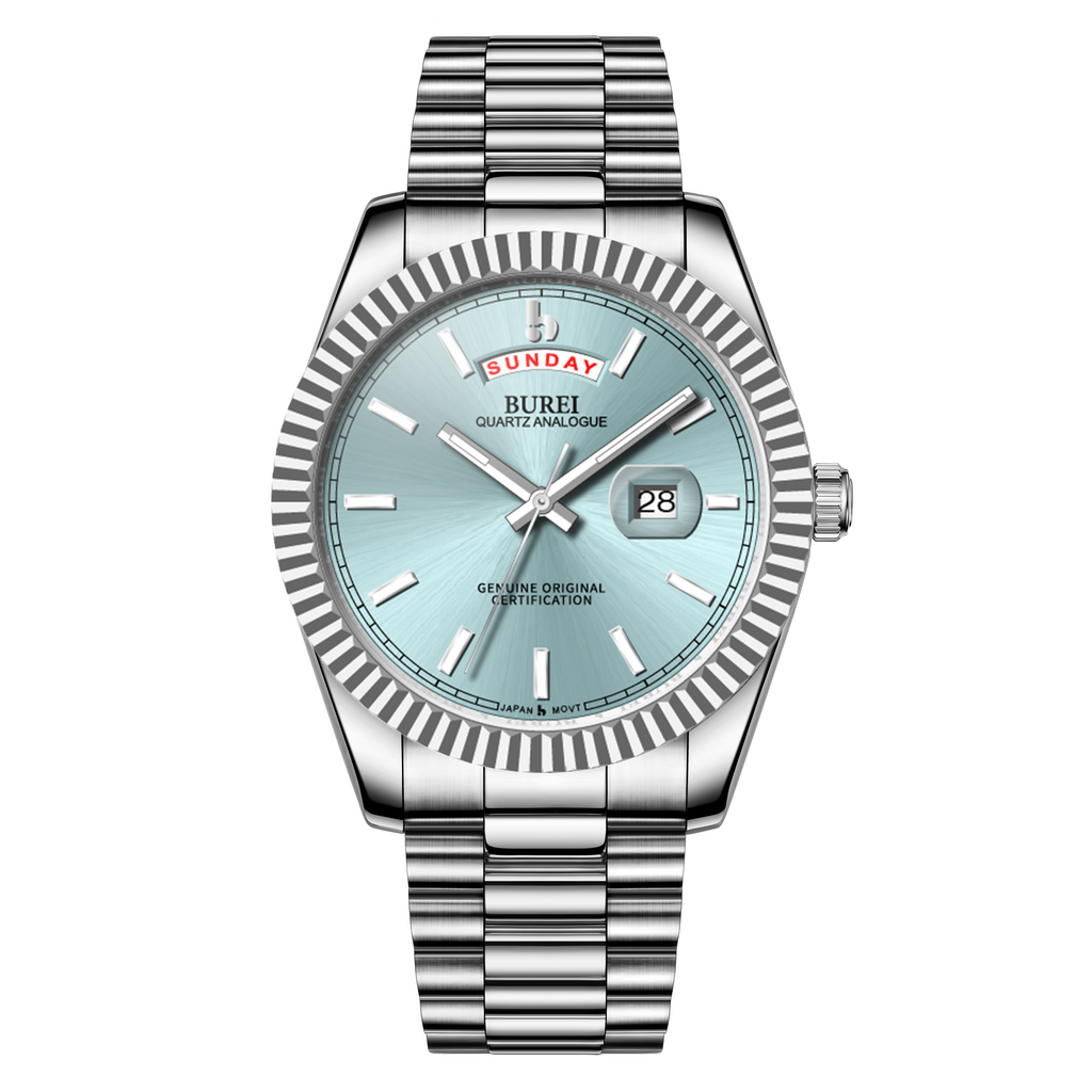 BUREI Mens Luxury Analog Quartz Watches Black Dial Date Display Sapphire Crystal Lens with Two Tones Stainless Steel Band