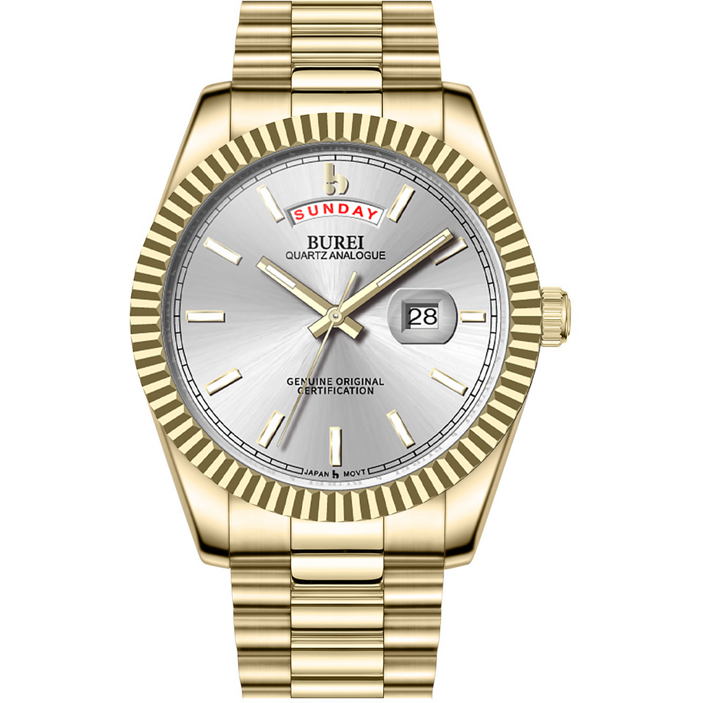 BUREI Mens Luxury Analog Quartz Watches Black Dial Date Display Sapphire Crystal Lens with Two Tones Stainless Steel Band