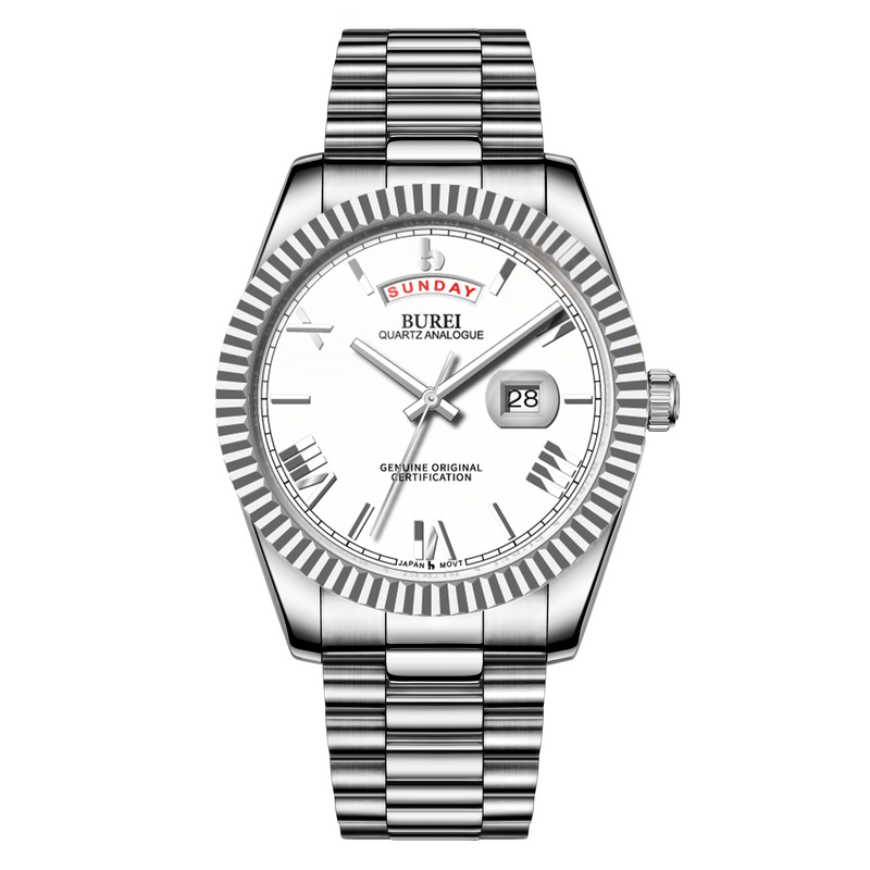 BUREI Mens Luxury Analog Quartz Watches Black Dial Date Display Sapphire Crystal Lens with Two Tones Stainless Steel Band