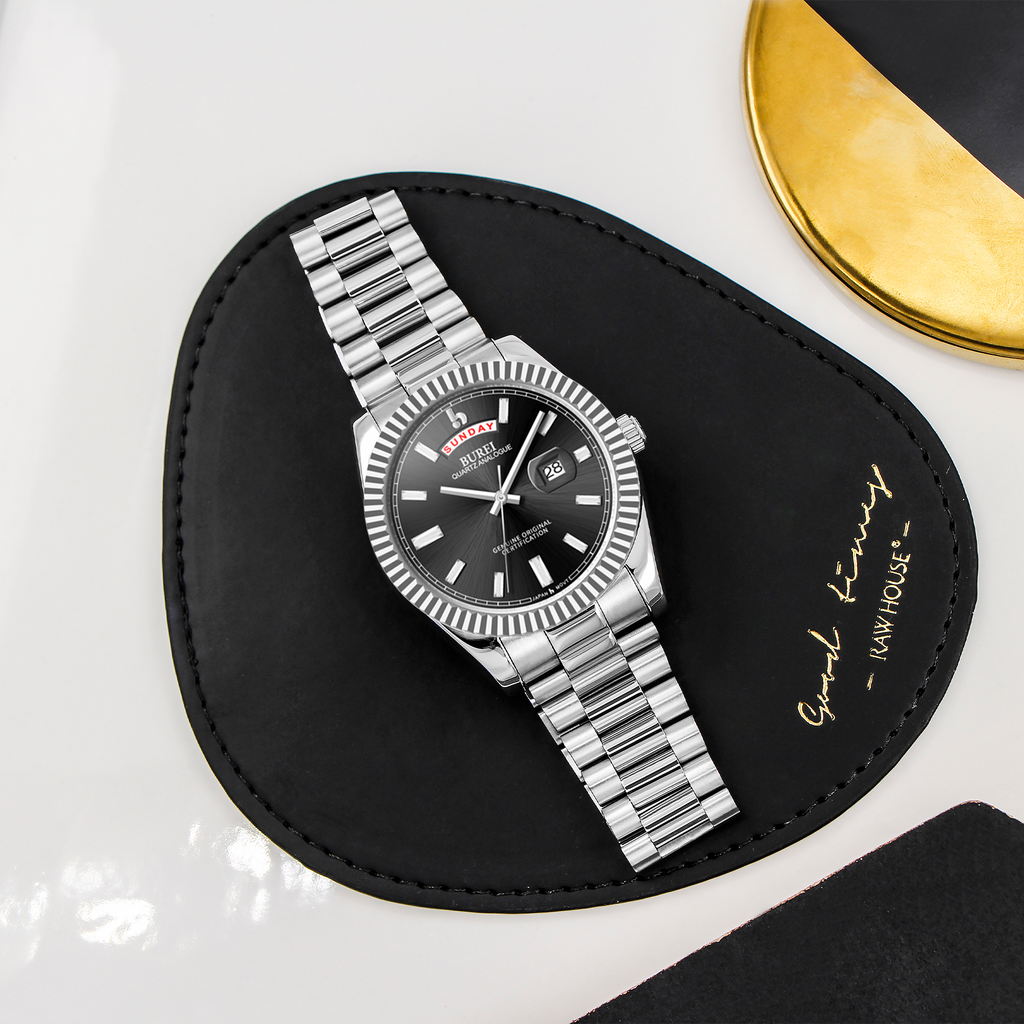 BUREI Mens Luxury Analog Quartz Watches Black Dial Date Display Sapphire Crystal Lens with Two Tones Stainless Steel Band