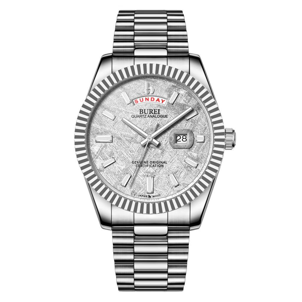 BUREI Mens Luxury Analog Quartz Watches Black Dial Date Display Sapphire Crystal Lens with Two Tones Stainless Steel Band
