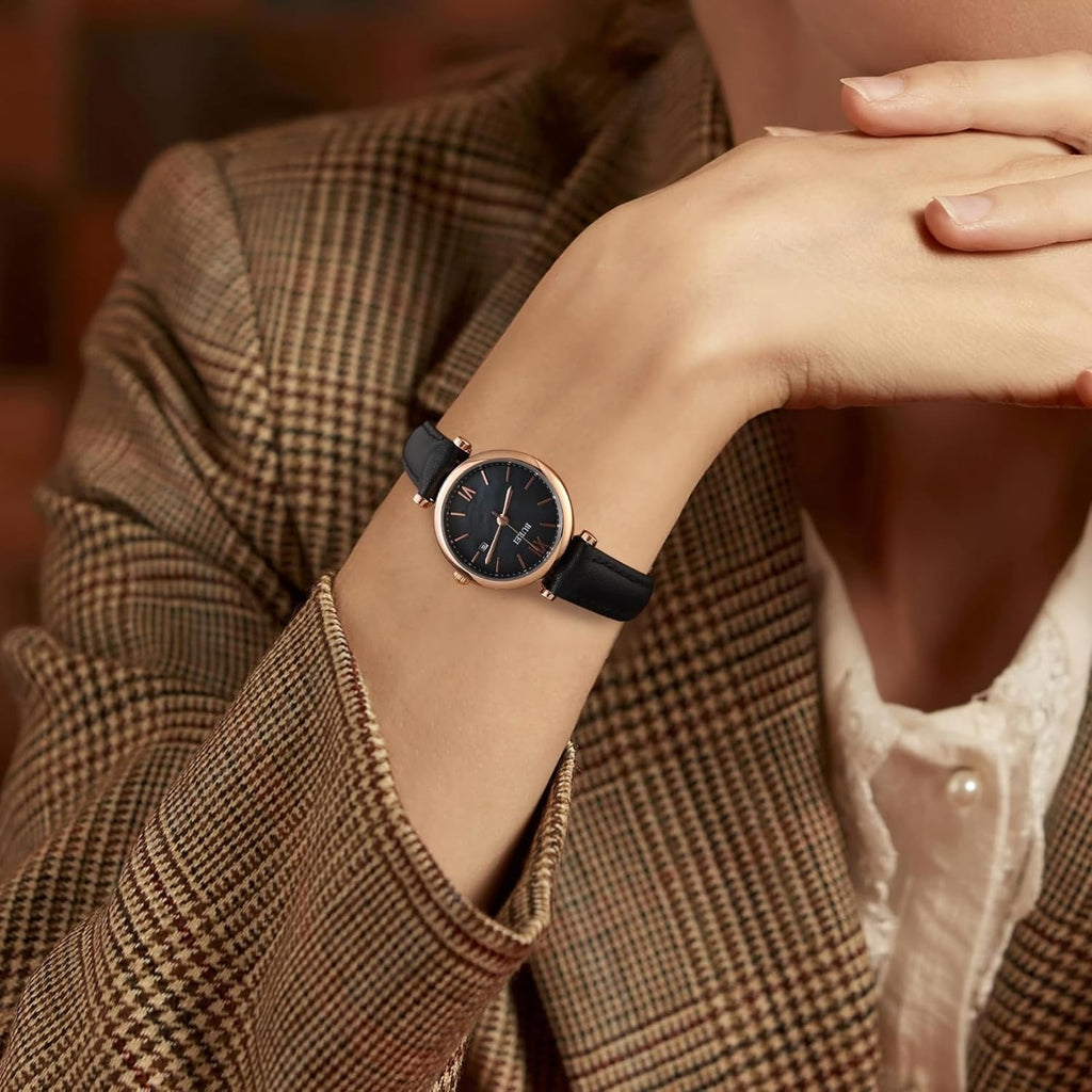 BUREI Women's Black Leather Strap Watch Fashion Simple Analog Quartz Waterproof Watches for Women Three Hands,Gift for her