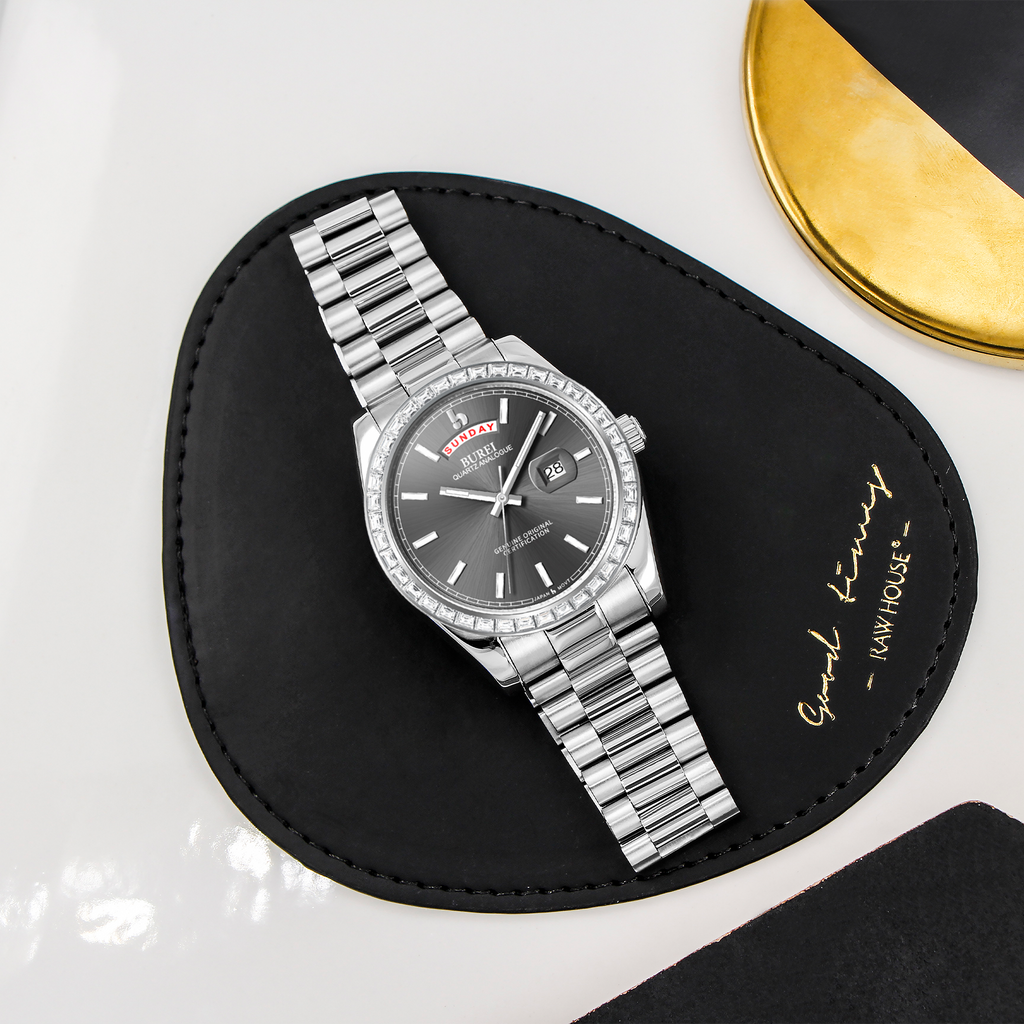 BUREI Mens Luxury Analog Quartz Watches Black Dial Date Display Sapphire Crystal Lens with Two Tones Stainless Steel Band