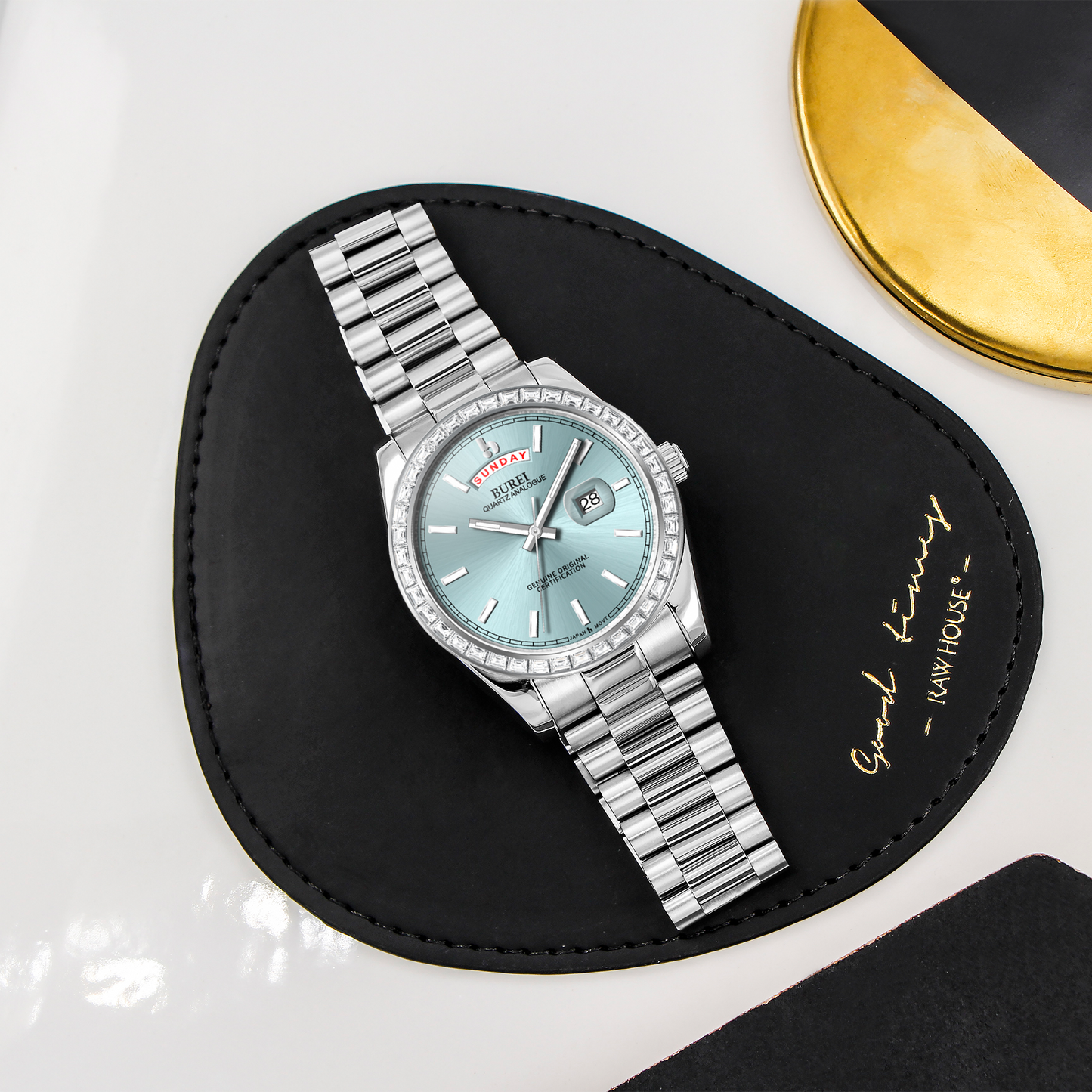 BUREI Mens Watch 41mm, Stainless Steel Analog Quartz, Waterproof with Calendar, Sapphire Crystal Dial, Business Casual Luxury Wristwatch