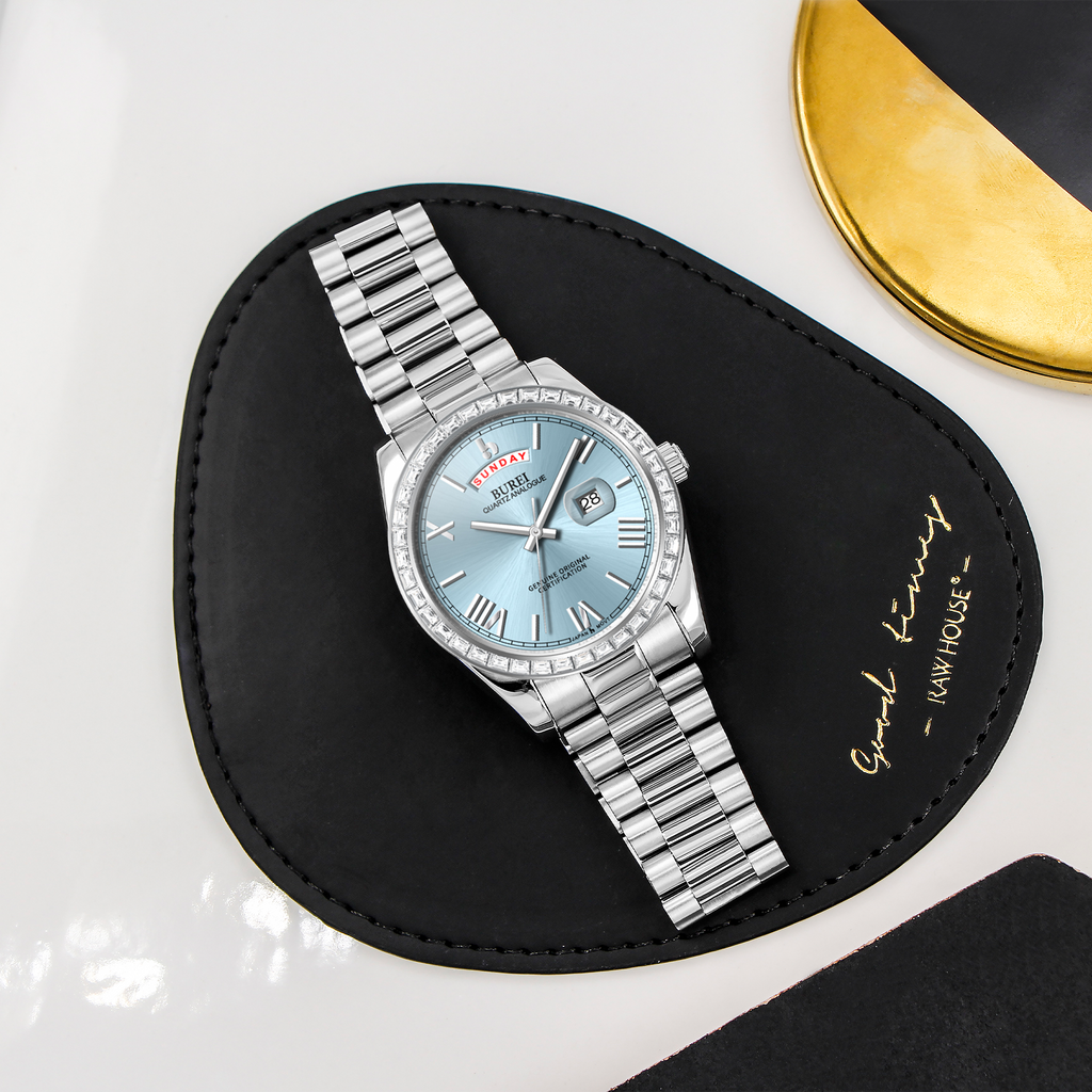 BUREI Mens Luxury Analog Quartz Watches Black Dial Date Display Sapphire Crystal Lens with Two Tones Stainless Steel Band
