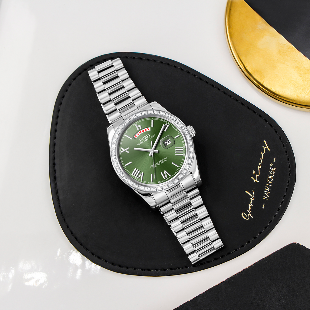 BUREI Mens Luxury Analog Quartz Watches Black Dial Date Display Sapphire Crystal Lens with Two Tones Stainless Steel Band