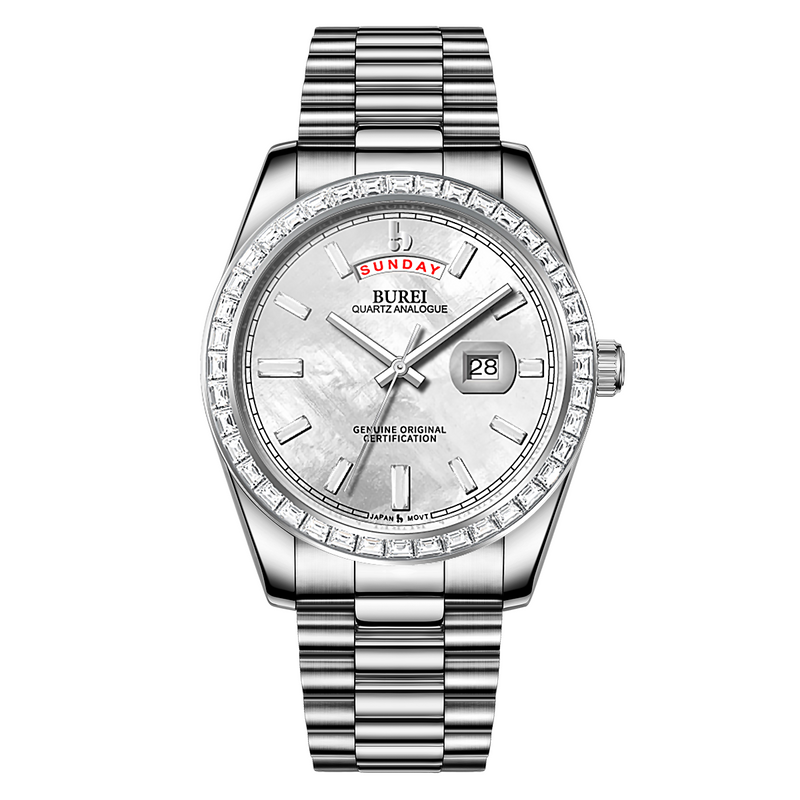 BUREI Mens Luxury Analog Quartz Watches Black Dial Date Display Sapphire Crystal Lens with Two Tones Stainless Steel Band