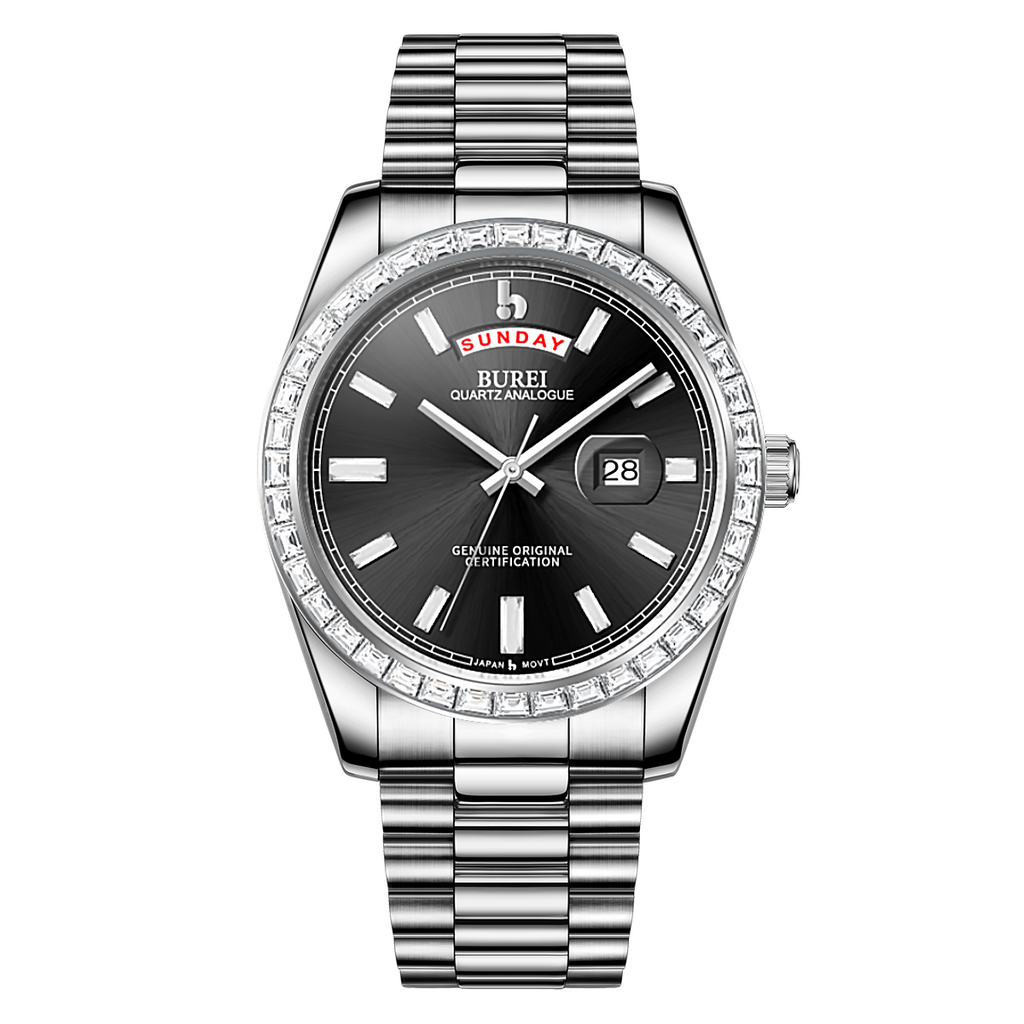 BUREI Mens Luxury Analog Quartz Watches Black Dial Date Display Sapphire Crystal Lens with Two Tones Stainless Steel Band