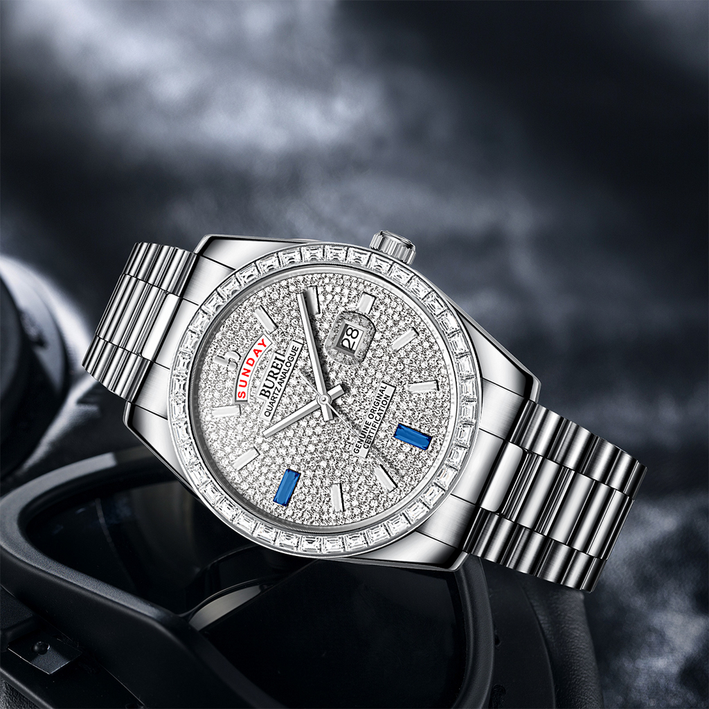 BUREI Mens Luxury Analog Quartz Watches Black Dial Date Display Sapphire Crystal Lens with Two Tones Stainless Steel Band