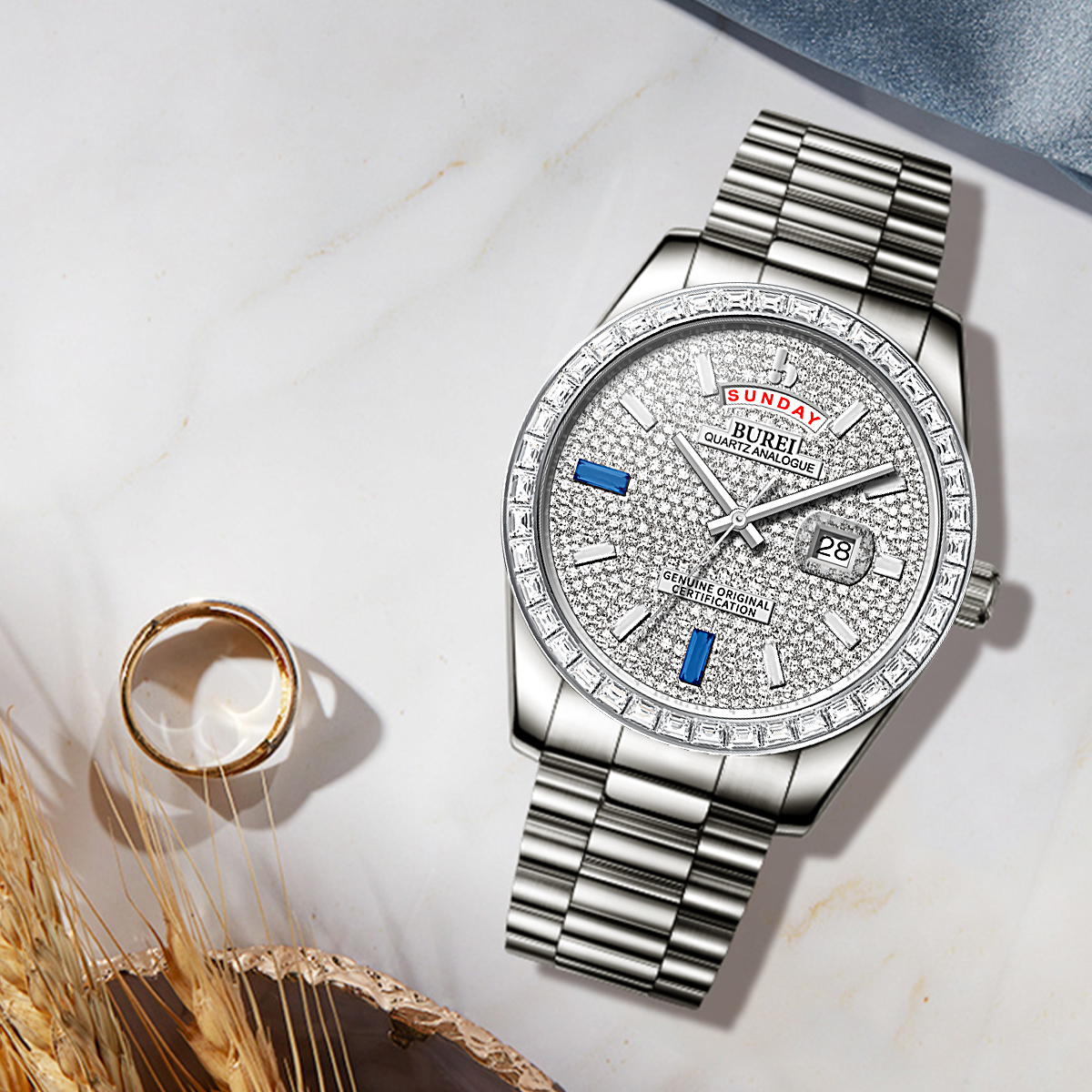 BUREI Mens Watch 41mm, Stainless Steel Analog Quartz, Waterproof with Calendar, Sapphire Crystal Dial, Business Casual Luxury Wristwatch