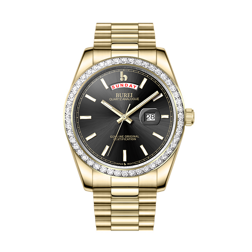 BUREI Mens Luxury Analog Quartz Watches Black Dial Date Display Sapphire Crystal Lens with Two Tones Stainless Steel Band