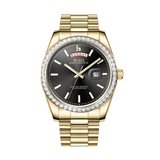 BUREI Mens Luxury Analog Quartz Watches Black Dial Date Display Sapphire Crystal Lens with Two Tones Stainless Steel Band