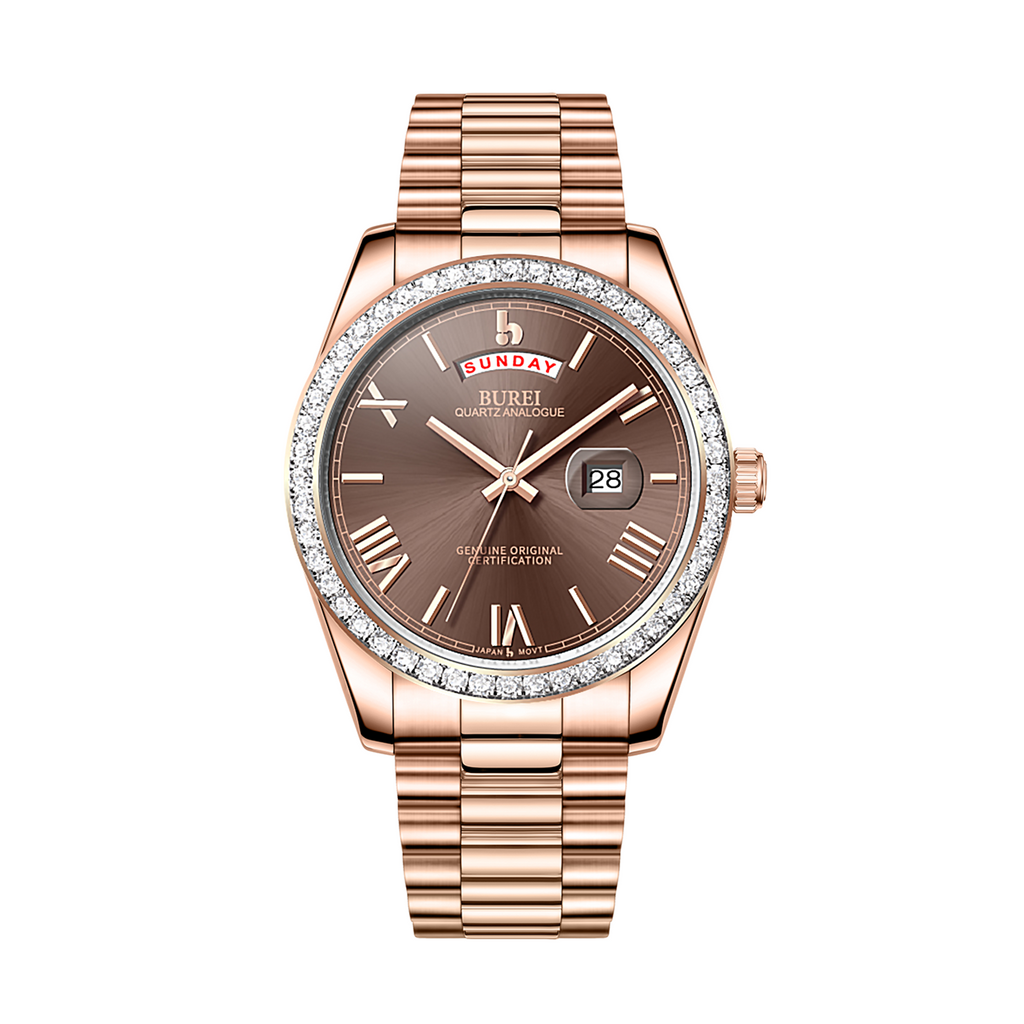 BUREI Mens Luxury Analog Quartz Watches Black Dial Date Display Sapphire Crystal Lens with Two Tones Stainless Steel Band