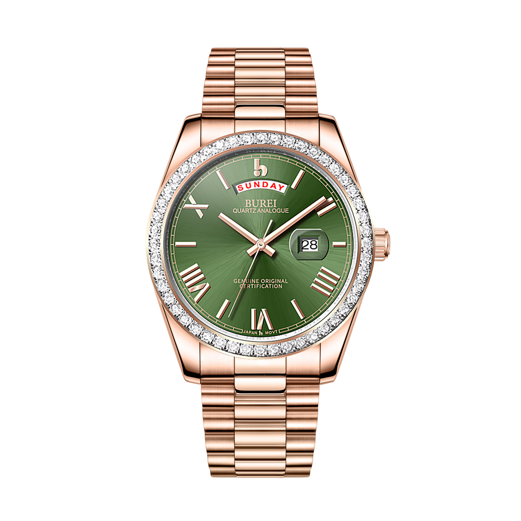 BUREI Mens Luxury Analog Quartz Watches Black Dial Date Display Sapphire Crystal Lens with Two Tones Stainless Steel Band