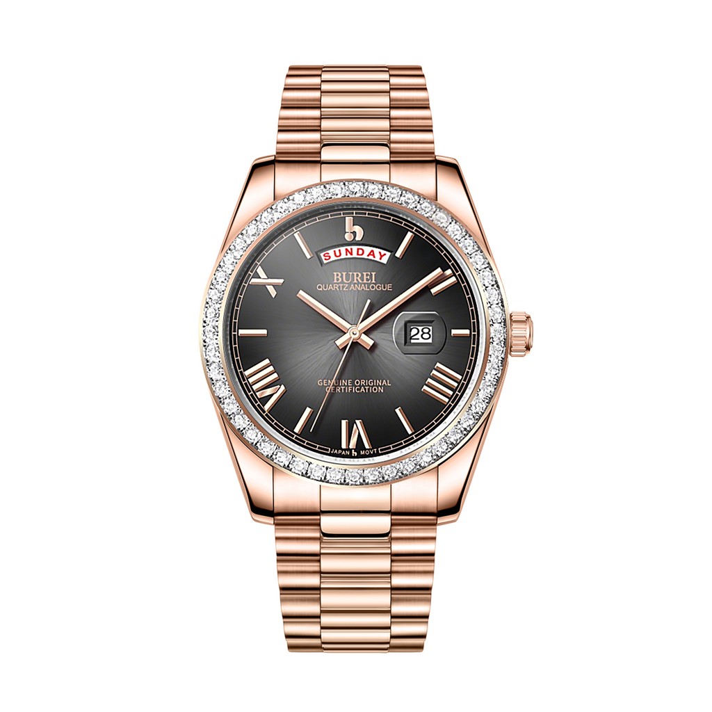 BUREI Mens Luxury Analog Quartz Watches Black Dial Date Display Sapphire Crystal Lens with Two Tones Stainless Steel Band