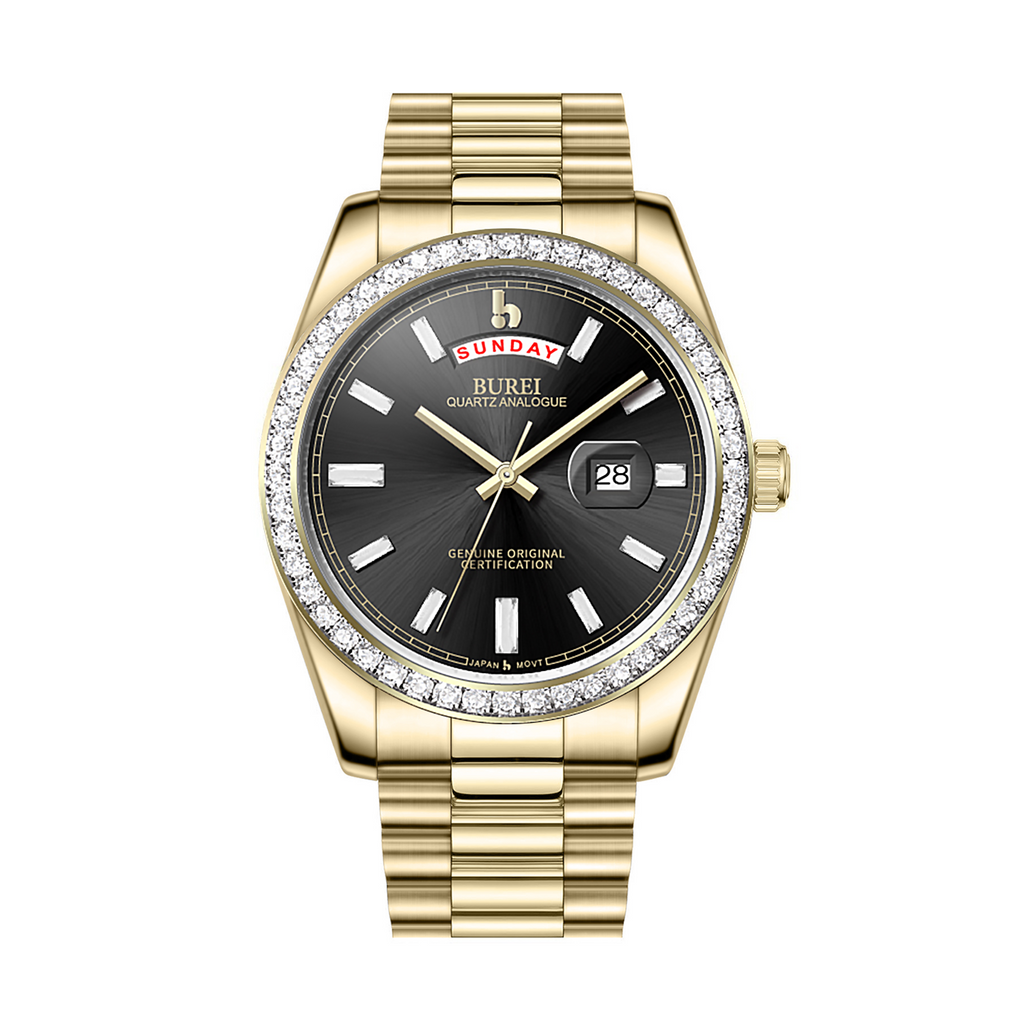 BUREI Mens Luxury Analog Quartz Watches Black Dial Date Display Sapphire Crystal Lens with Two Tones Stainless Steel Band