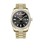 BUREI Mens Luxury Analog Quartz Watches Black Dial Date Display Sapphire Crystal Lens with Two Tones Stainless Steel Band
