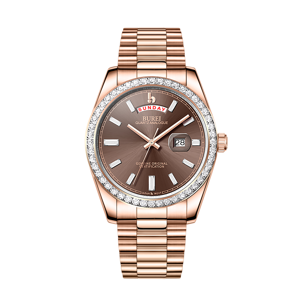 BUREI Mens Luxury Analog Quartz Watches Black Dial Date Display Sapphire Crystal Lens with Two Tones Stainless Steel Band