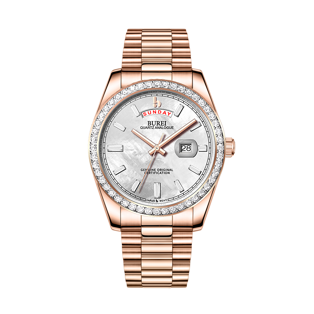 BUREI Mens Luxury Analog Quartz Watches Black Dial Date Display Sapphire Crystal Lens with Two Tones Stainless Steel Band
