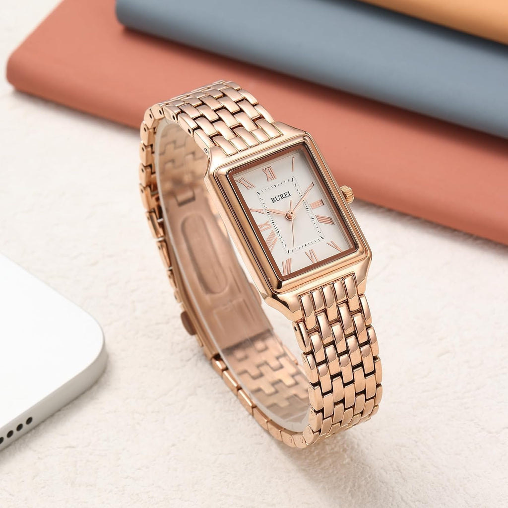 BUREI Women's Fashion Luxury Stainless Steel Watch Simple Quartz Waterproof Ladies Watch Three Hands Relogio Feminino (Gold and Rose Gold)