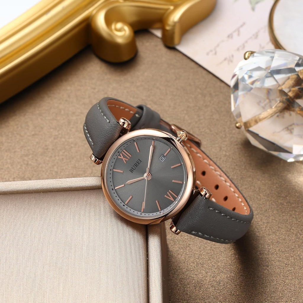 BUREI Women's Black Leather Strap Watch Fashion Simple Analog Quartz Waterproof Watches for Women Three Hands,Gift for her