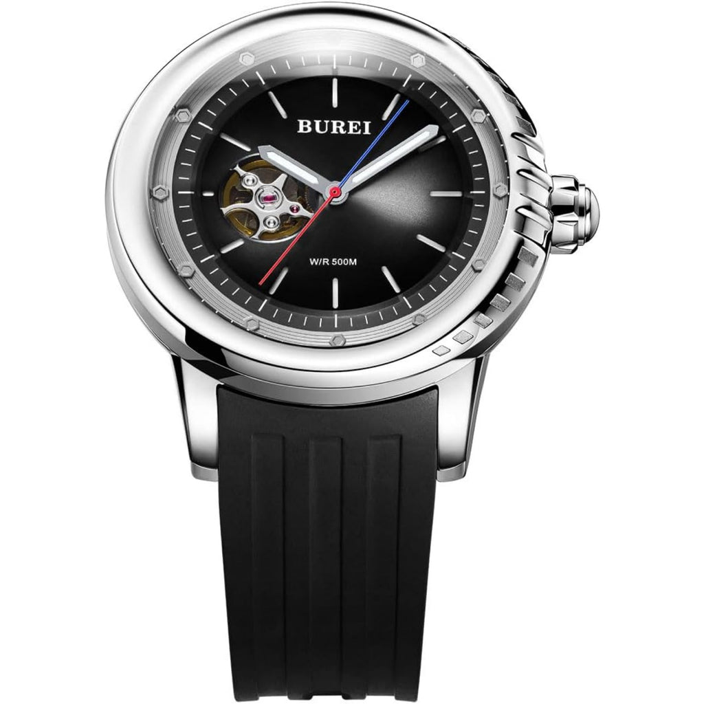 BUREI Automatic Dive Watch Sapphire Glass Wrist Watch Men's 500m Waterproof Watch with Rubber Strap,Luminous Hands and Markers
