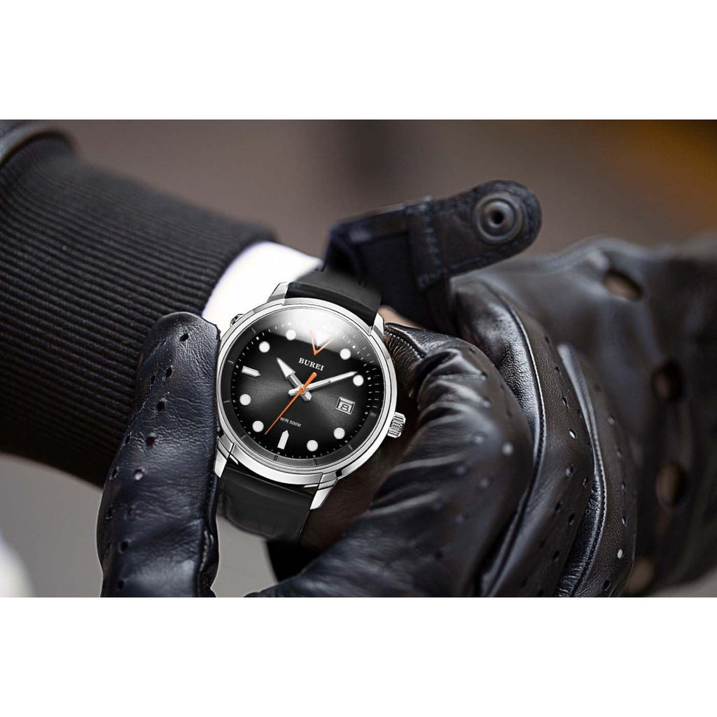 BUREI Men's Diving Watch 500 Meters Waterproof Mechanical Watch Large Dial Fashion Stainless Steel Watch Silicone Strap Luminous Pointer