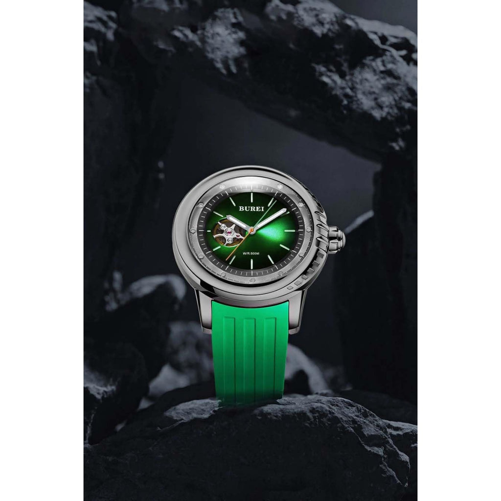 BUREI Men's Diving Watch 500 Meters Waterproof Mechanical Watch Large Dial Fashion Men's Watches Titanium Steel Dial Silicone Strap Luminous Pointer
